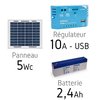 Kit solaire 12v 5 Wc + batterie 2,4Ah - USB