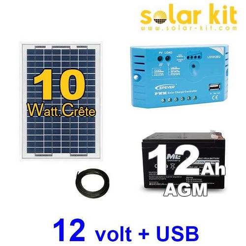 Kit solaire 12v 10Wc + batterie 12Ah + prise USB