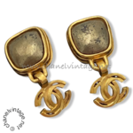 Chanel gold brown gripoix stone dangle logo earrings