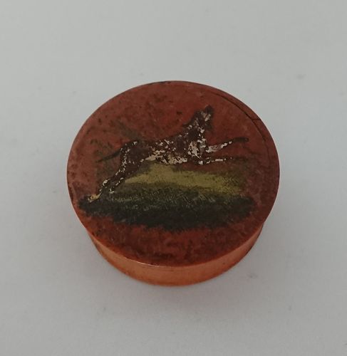 Small round veneer box with picture of a dog, 19th century