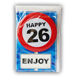 Happy age card 26 jaar met button