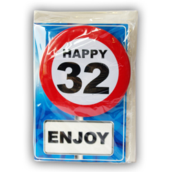 Happy age card 32 jaar met button