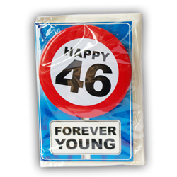 Happy age card 46 jaar met button