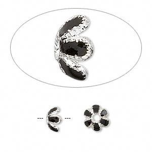 Cloisonné kralencaps, 7mm, zilverplated/zwart