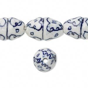 Porcelein, ovale kralen, 18x12mm, wit/blauw