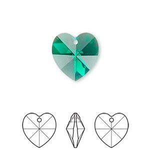 Swarovski kristal, hanger hart, 14x14mm, emerald AB met zilverfoil rug. Verkocht per stuk
