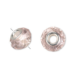 Glazen geslepen kraal 15x8mm, roze, zilverplated hart 4,5mm. Verkocht per stuk