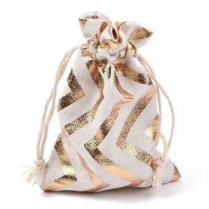 Katoenen cadeau-zakjes met treklint, 14x10cm. Creme/goud. Per 20 stuks