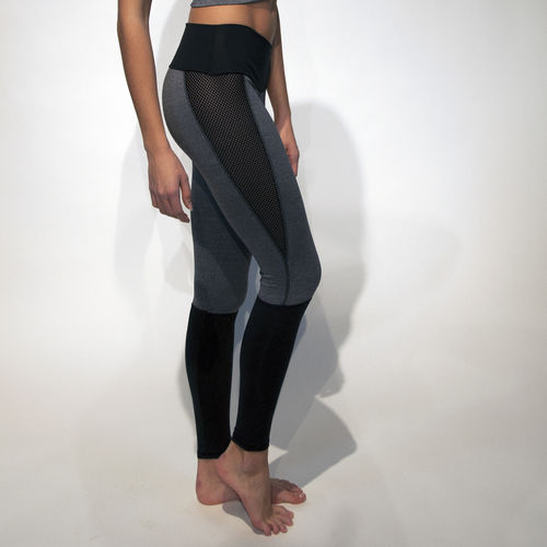 Ladies contrast waist legging – grey marl with black mesh
