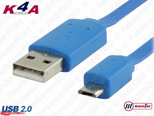 USB-2.0 Laad en Data kabel A naar Micro B 1,00 meter blauw
