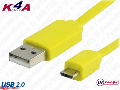 USB-2.0 Laad en Data kabel A naar Micro B 1,00 meter geel