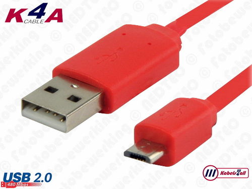 USB-2.0 Laad en Data kabel A naar Micro B 1,00 meter rood