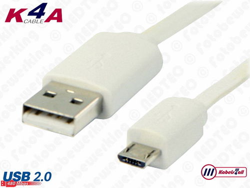 USB-2.0 Laad en Data kabel A naar Micro B 1,00 meter wit