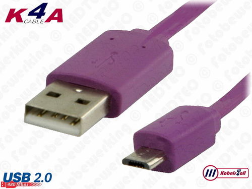 USB-2.0 Laad en Data kabel A naar Micro B 1,00 meter paars